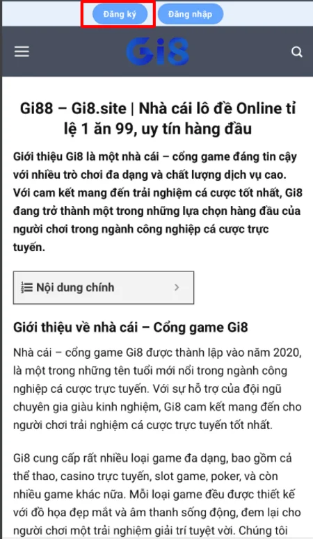 Giao diện đăng ký trên Mobile